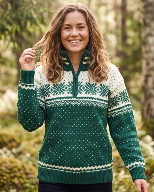 Hovedbilde Bretind Tradisjon ullgenser med zip i kamgarn - unisex - grønn/natur