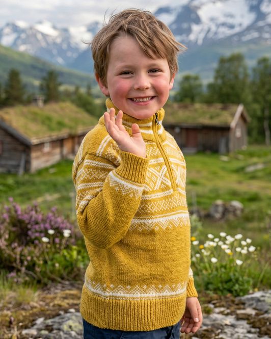 Hovedbilde Bretind Setesdalsgenser til barn – natur/okergul