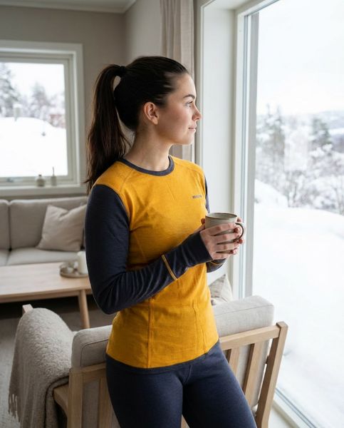 Hovedbilde Ullundertøy Stina Ulltrøye med rund hals til dame i Gul/Lilla