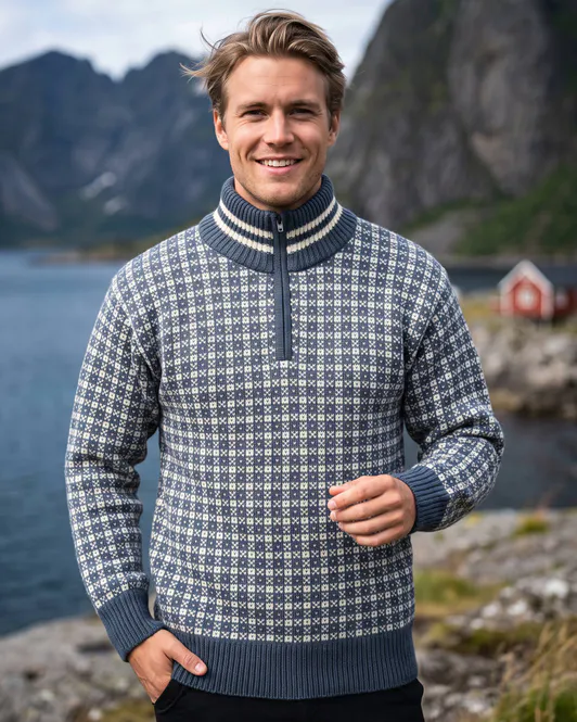 Hovedbilde Bretind Islender med zip til unisex – skiferblå/natur