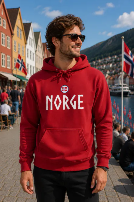 Hovedbilde Norge hettegenser i rød viking - Perfekt til fotball-VM