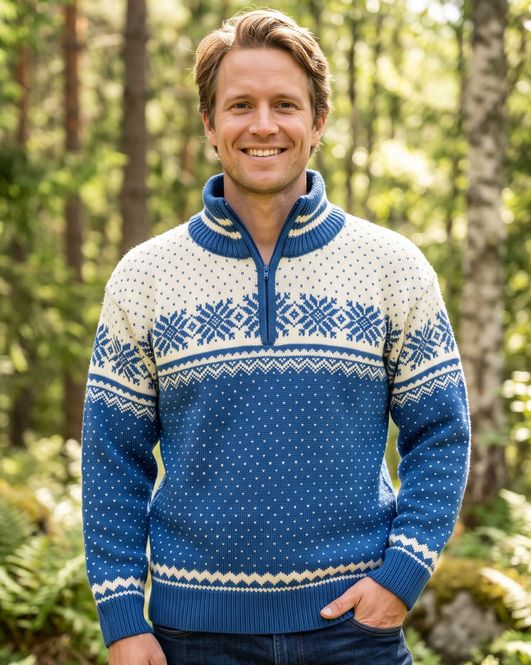 Hovedbilde Bretind Tradisjon ullgenser med zip i kamgarn - unisex - blå/natur