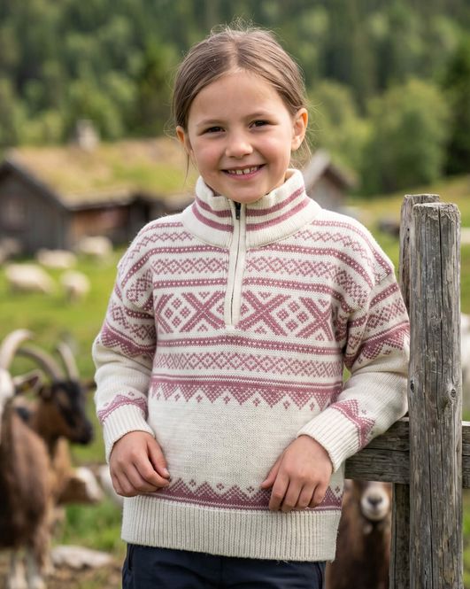 Hovedbilde Bretind Setesdalsgenser til barn – natur/rosa