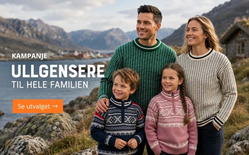 Bretind ullgensere til hele familien. 100% ull. 